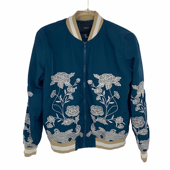 Forever 21 Zip-Up Jacket Floral Embroidery Small